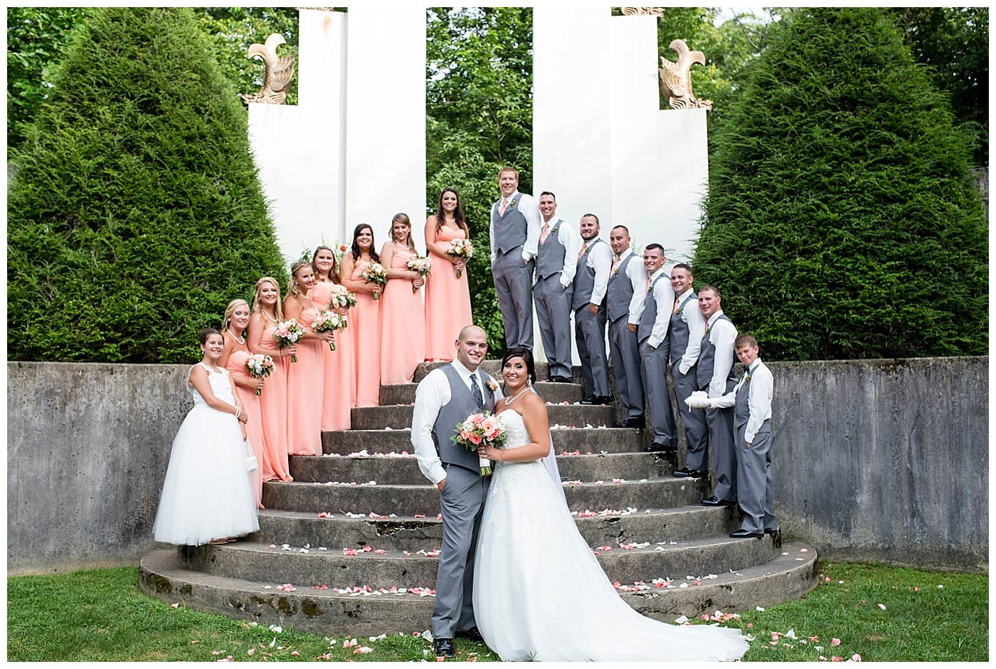 peach and gray bridal party